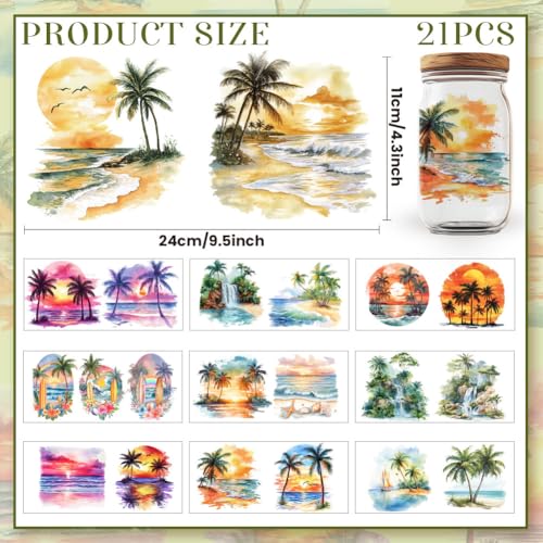 21 Pcs Palm Beach UV DTF Cup Wraps for 16OZ Glass, 4.3 x 9.4 Inch Beach Sunset UV DTF Transfer Stickers Waterproof Rub on Transfer Decals for Glass Bottle Vase Furniture Crafts - style: Palm Beach