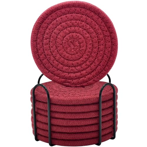 ABenkle 8 Pcs Drink Coasters with Holder, Cotton Woven Absorbent Coasters for Drinks, Minimalist Home Decor Coaster Set for Wooden Tabletop Protection Table, 4.3 inches - color: Burgundy, size: 8 Pcs