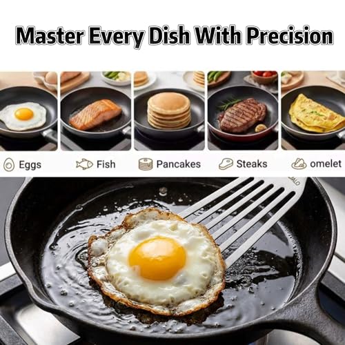 KSENDALO Thin Flexible & Sturdy Fish Spatula Stainless Steel for Kitchen Cooking Use Fish Spatula Egg Flipper Bbq Flipper Stainless Steel Blade Silicone Handle Heat Resistant Dishwasher Safe-Silver