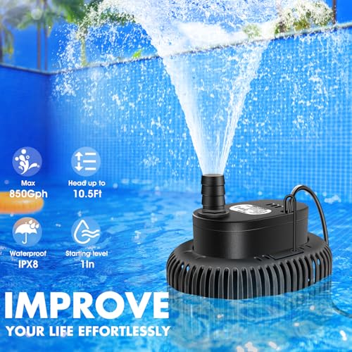 Pool Cover Pump Above Ground, Automatic Water Sensor, Sump Pump for Pool Draining, Pool Cover Water Removal 4 Adapters, 16ft Hose & 25ft Power Cord, 850 GPH (Black)