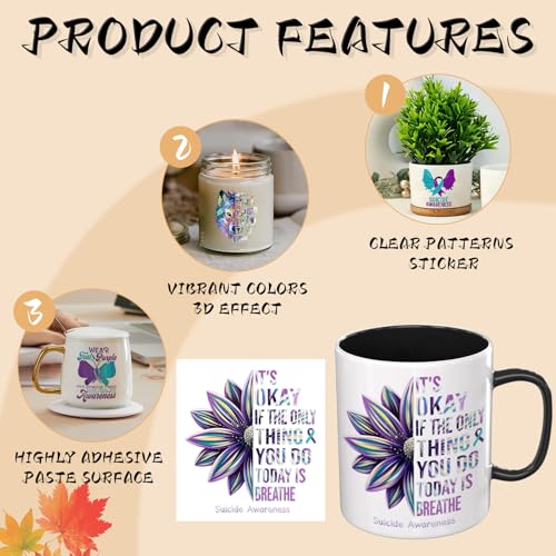 UV DTF Cup Wraps, 4 Sheets Suicidal Prevention Ribbon 16oz Glass Cups, Clear Transfer Stickers for Tumblers and Bottles, Assorted Pattern Set - style: Suicidal Prevention Ribbon