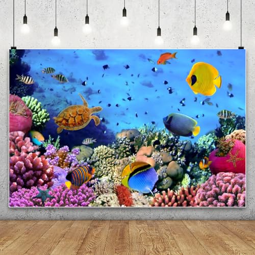 AOFOTO 12x10ft Underwater Ocean Coral Reef Backdrop Under The Sea Tropical Fish Sea Turtle Marine Life Photography Background Seabed World Nature Scene Aquarium Decor Kids Portrait Photo Shoot Props - size: 12x10ft