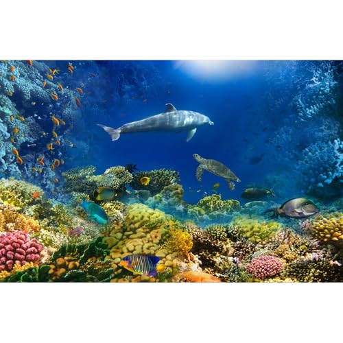 Underwater World Aquarium Background Turtle Shark Tropical Fish Tank Background Under The Sea Colorful Coral Reef Aquarium Backgrounds Deep Blue Sea Sunbeams Tank Backgrounds Poster 24x12in - color: Coral Brown, size: 24(W)x12(H)in