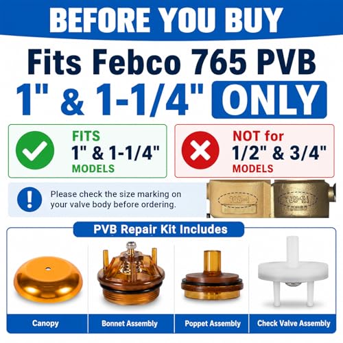 For Febco 765-1 Repair Kit, 765 1" & 1-1/4" Model, 905-212 Bonnet Poppet Repair Kit & 905-052 Check Valve Assembly & Canopy for Febco 765-1 inch & 1-1/4 inch Backflow Preventer and Vacuum Breaker