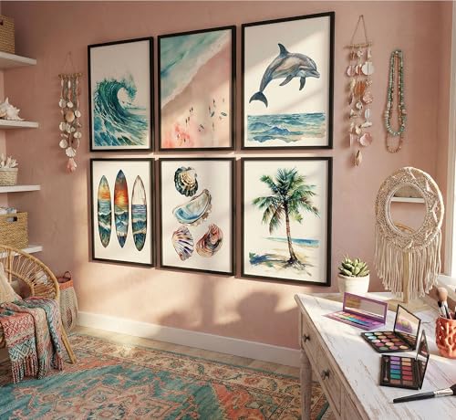 6pcs Vintage Coastal Canvas Wall Art Beach Surfboard Shell Posters Prints Paintings Summer Ocean Animal Wall Decor Pictures for Living Room Bedroom Bathroom Home Decorate Unframed - color: Coastal-1, size: 10"L x 8"W-Posters