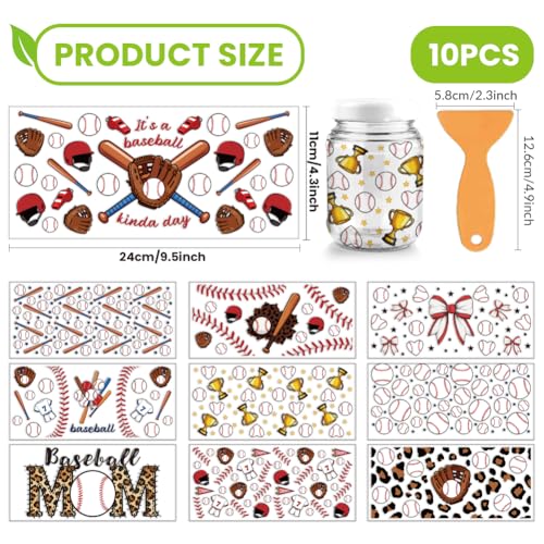 arricraft 10 Sheets Baseball Theme UV DTF Cup Wrap for 16OZ Glass, Baseball Helmet Glove Whistle Trophy Rub on Decals PVC Transfer Stickers for DIY Cups Wood Funiture 24x11cm/9.4x4.3inch - style: Baseball Theme