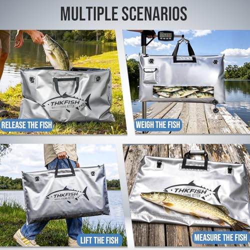 THKFISH Fish Tournament Weigh in Bag for Bass Fishing, Heavy Duty Insulated Live Fish Bag for Caught Fish with Waterproof Zipper and Mesh Liner, Leakproof,Puncture Resistant(Silver-32×19.7in) - color: Silver-32×19.7in