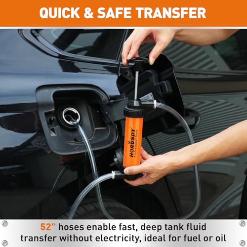 HORUSDY Multi-Use Siphon Transfer Pump Kit Hand Fuel Pumps for Gas Oil Water with Air Hose, Portable Manual Fuel Transfer Pump for Boat, Car, RV, Emergency, Lawn Mower Fluid Drainage - style: Orange(New model)
