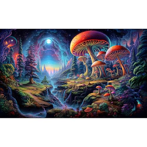 Forest Aquarium Background Fantastic Cartoon Forest Landscape with Mushrooms and Flowers Terrarium Background Fantasy Pine Tree Mysterious Mushroom Theme Fish Tank Backdrop Poster Decor 24x12in - color: Purple Orange, size: 24(W)x12(H)in