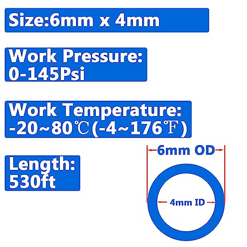 Pneumatic 6mm x 4mm Tubing 530Ft PU Air Tube Hose Pipe for Air Line or Water Transfer (Blue) - color: Blue, size: 6mm*4mm