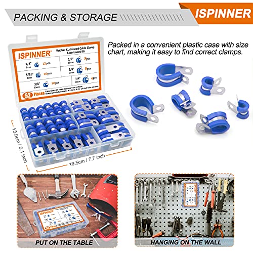 ISPINNER 52pcs Cable Clamps Assortment Kit, 304 Stainless Steel Rubber Cushion Pipe Clamps in 6 Sizes 1/4" 5/16" 3/8" 1/2" 5/8" 3/4" (Blue) - color: Blue
