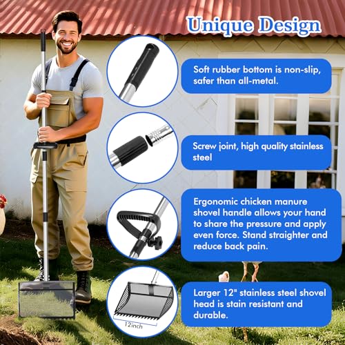 Chicken Poop Scooper Rake 2-in-1,304 Stainless Steel Shovel Head, Chicken Litter Scoop with Handle for Chicken Coop for Sand, Pet Waste Cleaning, Litter Sifting Shovel (35 to 65") (Black, 12inch) - color: Black, size: 12Inch