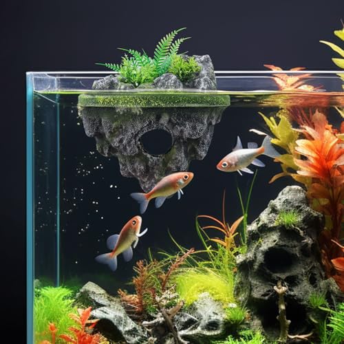 Floating Island Fish Tank Decorations – Aquarium Decor with Hideout Tunnel, Betta Fish and Shrimp Cave, PVC Aquarium Accessory with Artificial Plants - size: Large