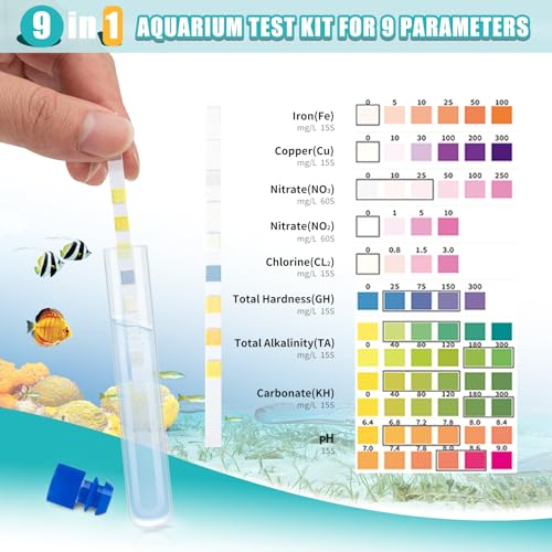 9 in 1 Aquarium Test Kit for Freshwater and Saltwater - 100 Aquarium Test Strips with Test Tube & Thermometer - Fast & Accurate Water Testing Strips for Aquarium/Pond/Pool