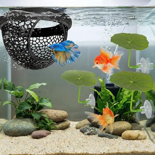 3PCS Floating Betta Hammock Cave & Feeder Ring - 3D Printed Aquarium Decor with 2 Bed Leaf, Safe Resting Spot for Betta Fish, Shrimp in Nano Fish Tanks (Black) - color: BLACK