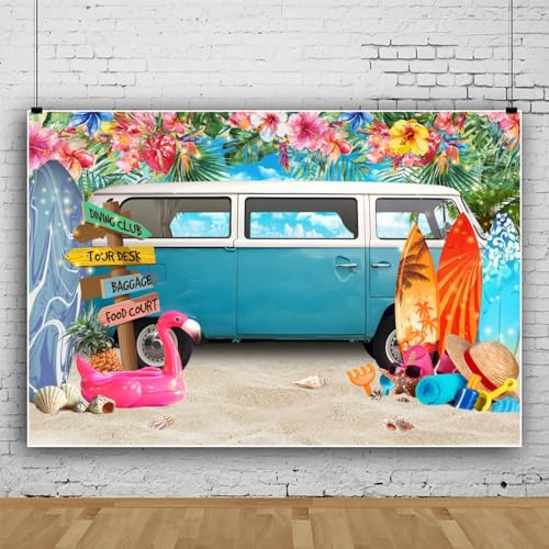 Beach Backdrop Tropical Backdrop Party Decorations 10x8ft Summer Hawaii Blue Truck RV Surfboard Background Luau Party Banner Studio Props Vinyl - color: White Blue, size: 10x8ft (300x240cm)