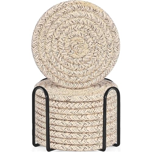 ABenkle Drink Coasters with Holder Set of 10, Cotton Woven Absorbent Coasters for Drinks, Minimalist Home Decor Coaster Set for Wooden Tabletop Protection Table, 4.3 inches - color: Mixed Brown, size: 10 Pcs