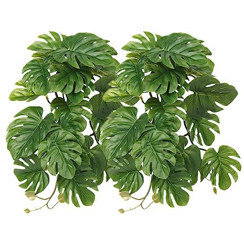 2Pack Reptile Fake Plants for Terrarium, Snake Tank Accessories, Habitat Decor Artificial Hanging Plants with Suction Cup - Fake Monstera