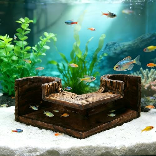 90° Corner Aquarium Cave, 5.12x5.12x 2.7in Viewing Fish Tank Cave for Corners, Natural Resin Wood Like BPA Free Tunnel Decorations, Fish Hideout for Guppy, Neon Tetra, Corydoras Catfish