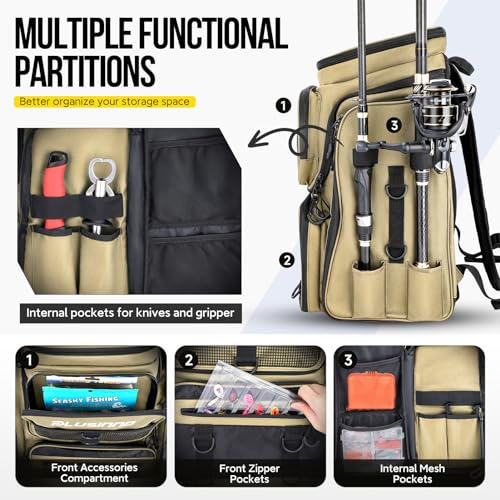 PLUSINNO Fishing Tackle Backpack with Rod Holders，42L Water-resistant Fishing Bag Store Fishing Gear,Fishing Gifts For Men. - color: Khaki