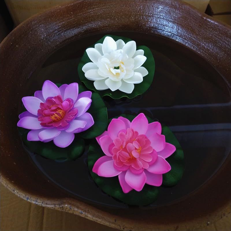 4pcs Artificial Lotus Flowers Water Lilies for Pond Pool, Realistic Floating Foam Lotus Flowers with Lily Pads for Ponds, 4" Lifelike Water Lilies for Fountain Garden Pond Decoration
