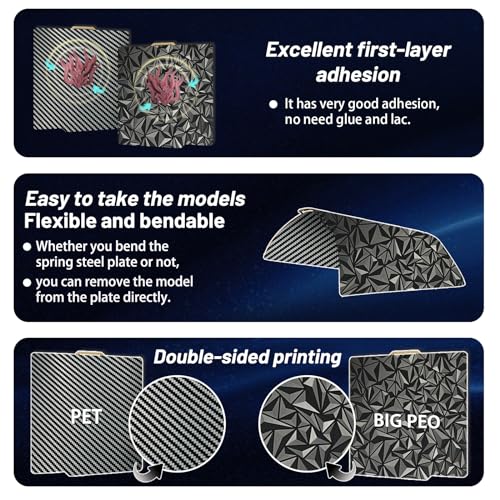JUUPINE 3D Printer Build Plate for Bambu Lab X2D/X1/X1C/X1E/P1P/P1S/P2S/A1 3D Printer,Diamond PEO+Carbon Fiber PET Surface 257x257mm Spring Steel Plate,Double Sided Flexible Sheet Heatingbed Platform. - color: PEO+PET, size: For X2D/P2S/ X1/X1C/X1E/P1P/P1