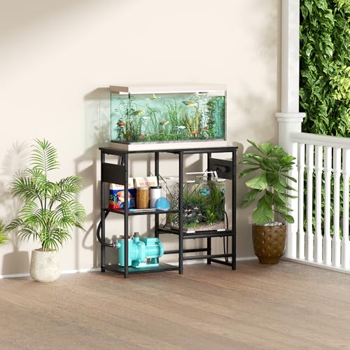 GRLEAF 20-30 Gallon Fish Tank Stand with Power Outlets, 4 Tier Metal Aquarium Stand with Wood Storage Shelves, 30.7" L x 13.8" W x 30.3" H Turtle Reptile Fish Tank Table Aquarium Table - Black - size: 20-30 Gallon