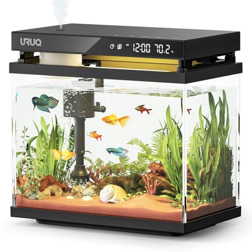 Fish Tank Smart Aquarium Kit: 2 Gal UHD Glass Silent Water Pump Self Cleaning System Temperature Monitoring Essential Oil Diffuser with Humidifier 7 Color Lights Multi-Layer Filtration System - Black - color: Black