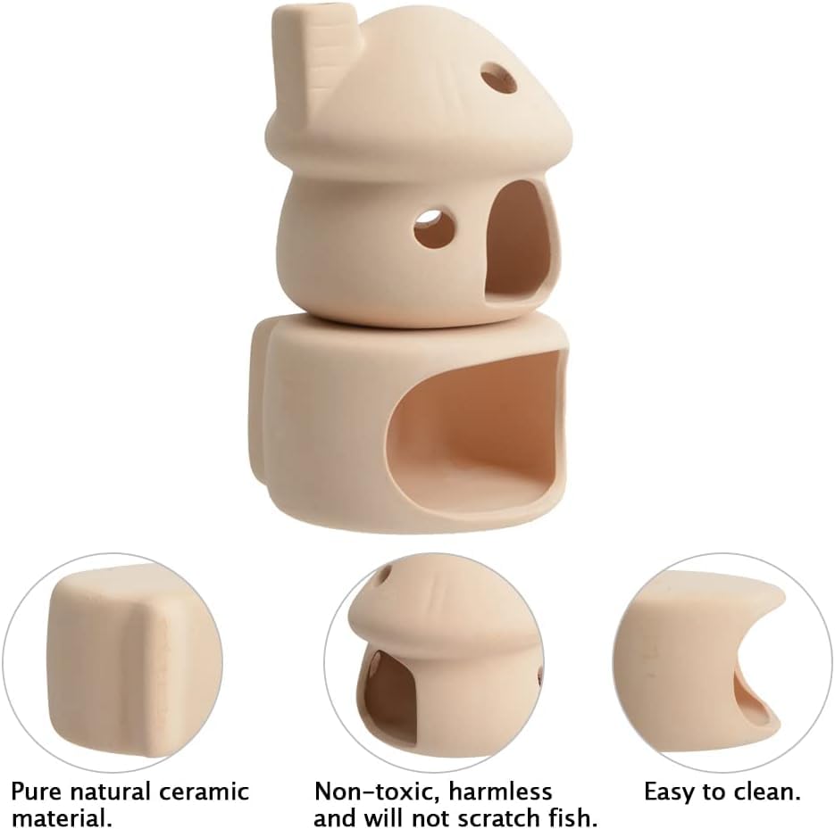 RUIAN Ceramic Fish Tank Decorations, Mushroom House and Cave with Round Cave for Small Shrimp to Rest and Breed,Hiding, Cichlid, Hermit Crabs (Beige) - color: Mushroom+base(beige)