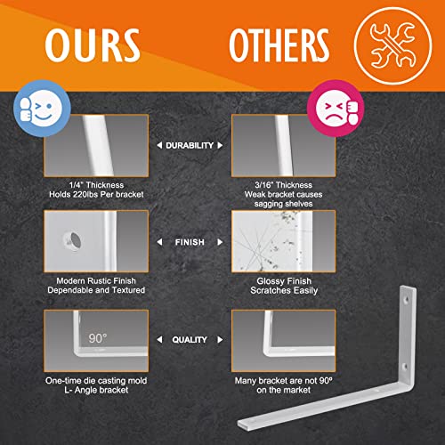 CLT White Shelf Bracket, 12” X 5” Quarter Inch (1/4") Thick- Max Load: 440 lb Rustic Industrial Modern Farmhouse Heavy Duty Cold Rolled Steel Bracket for Table Bench, Space Saving DIY, Pack of 4 - size: 12 Inch, style: White L Bracket