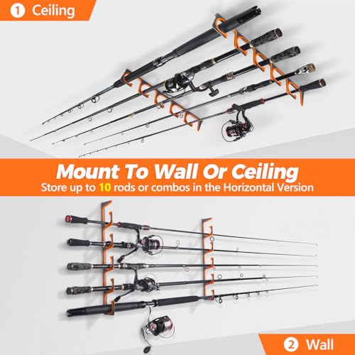 PLUSINNO H5 Horizontal Fishing Rod/Pole Holders for Garage, Wall Ceiling Mounted Fishing Rod Holder, Aviation Aluminum Fishing rod rack Holds up to 5/10/20 Rod or Combos Fishing Gear and Gifts for Men - color: Orange 2pack(store 10 fishing rods or combos)