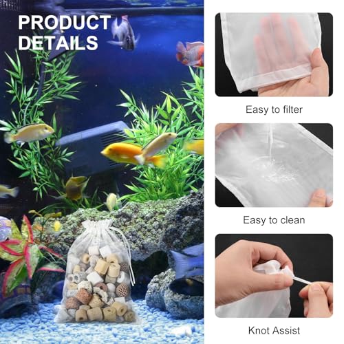 12 Pieces Aquarium Filter Media Bag with Drawstring, 200 Micron Aquarium Mesh Bag, Reusable High Flow Fish Tank Filter Pouch for Bio Balls Impurities Filtration (5.9" x 7.8") (12)