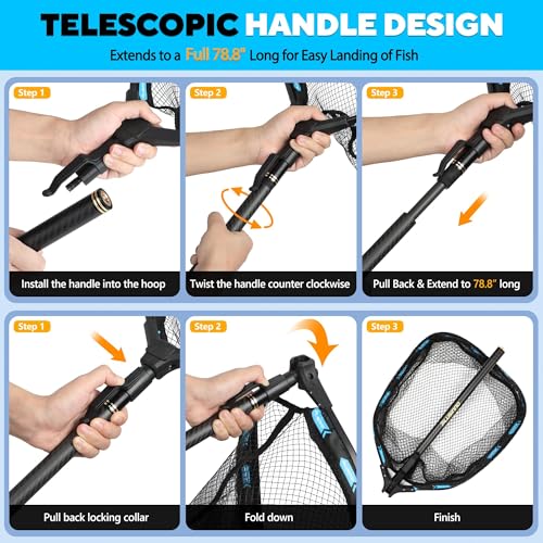 PLUSINNO Floating Fishing Net with Telescoping Handle, Carbon Fiber Ultralight Long Fish Net, Collapsible Landing Net 6.56/7.86Ft, Fishing Gear Kayak Accessories for Bass Trout Salmon - style: 6.56 Ft / 2.0m Full Length With Tool Kit