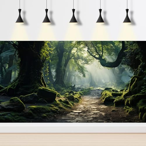 Aquarium Background Ancient Misty Morning Forest Terrarium Backdrop Lush Moss with Forest Path Jungle Style Scene Fish Tank Background Reptile Habitat Backdrop Poster Decor Vinyl 24x12in - color: Moss Dark Green, size: 24(W)x12(H)inches/ 60(W)*30cm(H)