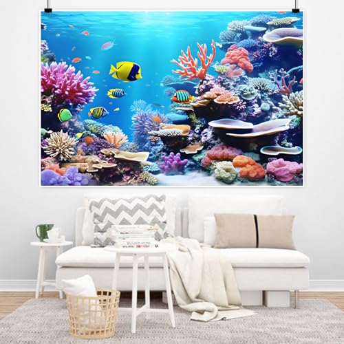 Renaiss 10x8ft Under Sea World Backdrop Colorful Marine Coral Fishes Underwater Creatures Photography Background Aquarium Background Kids Children Summer Party Studio Portrait Photo Props - size: 10x8ft