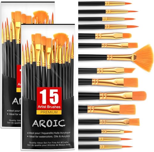 AROIC Acrylic Paint Brush Set,2pack/30pcs Nylon Hair Oil Watercolor Rock Face Painting Artist Paint Brushes, 15 Sizes Paint Brush Set for All Purposes Kids Adult Arts Painting Brush Supplies. - color: Black, size: 30pcs