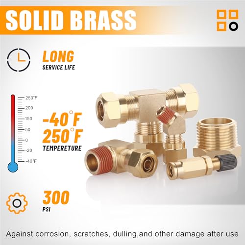 109Pcs Brass DOT Air Brake Line Fittings, 1/4" 1/8" 3/8" 1/2" 5/8" Compression Air Nylon Tubing Fitting Assortment Repair Kits for Truck or Industrial System