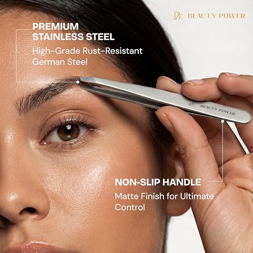 Beauty Power Tweezers for Women Facial Hair: Ultra Precision Tweezers for Women & Men, Sharp Slant Tweezer for Eyebrows, Ingrown Hair Removal. Professional Plucker + Case, German Stainless Steel Gray - color: Grey