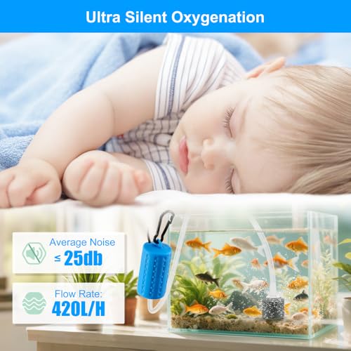 DaToo USB Mini Aquarium Air Pump Ultra Quiet Fish Tank Air Pump with Black Hanging Clasp Portable Aquarium Oxygen Aerator Pump Includes Fish Tank Airline Tubing and Air Stone(1W/2W/3W) - size: 2W