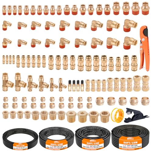 CheeMuii 124 PCS Brass DOT Air Line Fittings with 4 Roll 50FT 1/8" 1/4" 3/8" 1/2" DOT Air Lines Kit Push Lock Air Fitting Quick Connect Air Fittings with Air Hose Pneumatic Tubing - size: 50FT-4ROLL-124PCS