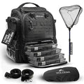 Waterproof Fishing Backpack with Tackle Boxes, Rod Holder & Foldable Net - 40L Fishing Tackle Bag with Trays Included, Extra Storage Gear and Equipment, Rain Cover, Fisherman Gift for Men - color: Medium (40 L) - Black