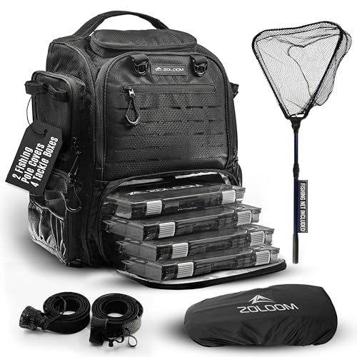 Waterproof Fishing Backpack with Tackle Boxes, Rod Holder & Foldable Net - 40L Fishing Tackle Bag with Trays Included, Extra Storage Gear and Equipment, Rain Cover, Fisherman Gift for Men - color: Medium (40 L) - Black