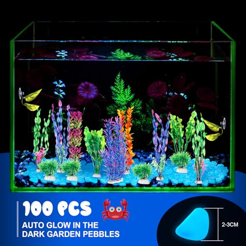 117 Pcs Fish Tank Accessories Decorations Set 100 Pcs Glow Blue Betta Fish Rocks Stones 15 Pcs Artificial Plastic Fake Aquarium Plants 2 Pcs Hammock Plant Leaf Pad for Aquarium Bowl Decor