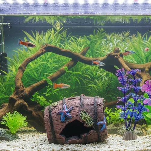 Aquarium Decor for Betta Fish Tanks, Tank Accessories, Starfish Barrel x 1 pcs, Aquarium Plants x 4 pcs