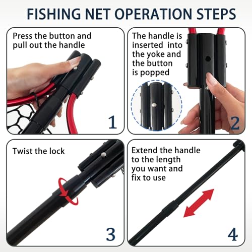 All Metal Telescoping Rubber Fishing Net with Handle Length: 59" Depth:19.7" Hoop: 26"x18" Large Silicone Fish Landing Net Pier/Kayak/Fishpond/Saltwater/Salmon Extendable Fishing Gear - color: Red
