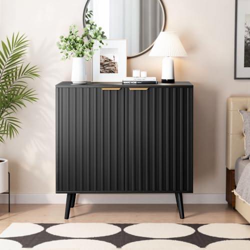 Set of 2 Fluted Storage Cabinet, Buffet Cabinet with Storage, Wood Sideboard with Adjustable Shelf, Modern Accent Cabinet & Console Table for Entryway, Living Room, Dining Room, Black - color: Black丨fluted Panel, size: 2 Pieces