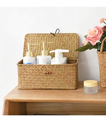 DOKOT Rectangular Handwoven Seagrass Small Storage Basket with Lid for Shelves and Home Organizer Bins,S (10.2"x5.5"x4.3"H), Natural - size: S (10.2"x5.5"x4.3"H)