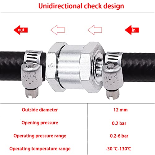 mxuteuk 2Pcs 1/2" 12mm Aluminium Silver Non Return One Way Check Valve with 4Pcs 10-16mm Universal Adjustable Hose Clamps for Fuel Petrol Diesel Line Oil M-H-032-12mm - color: Silver, size: 1/2" 12mm