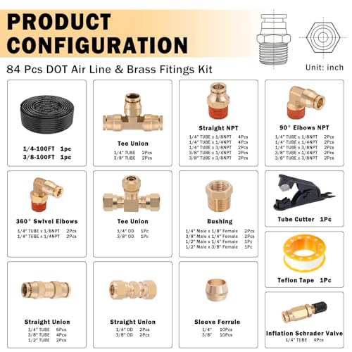 CheeMuii 80 PCS Brass DOT Air Line Fittings with 100FT 1/4" and 100FT 3/8" DOT Air Line Kit Push Lock Air Fitting Quick Connect & NPT Thread Fittings with Pneumatic Tubing - size: 2ROLL-84PCS