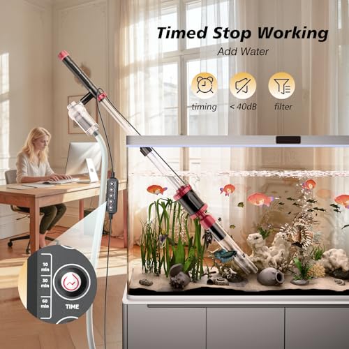AKKEE Aquarium Vacuum Gravel Cleaner, 36W Electric Fish Tank Cleaner Vacuum, 8 in 1 Multifunctional Aquarium Cleaner for Automatic Water Change, Wash Sand, Water Circulation and Timed Off，red